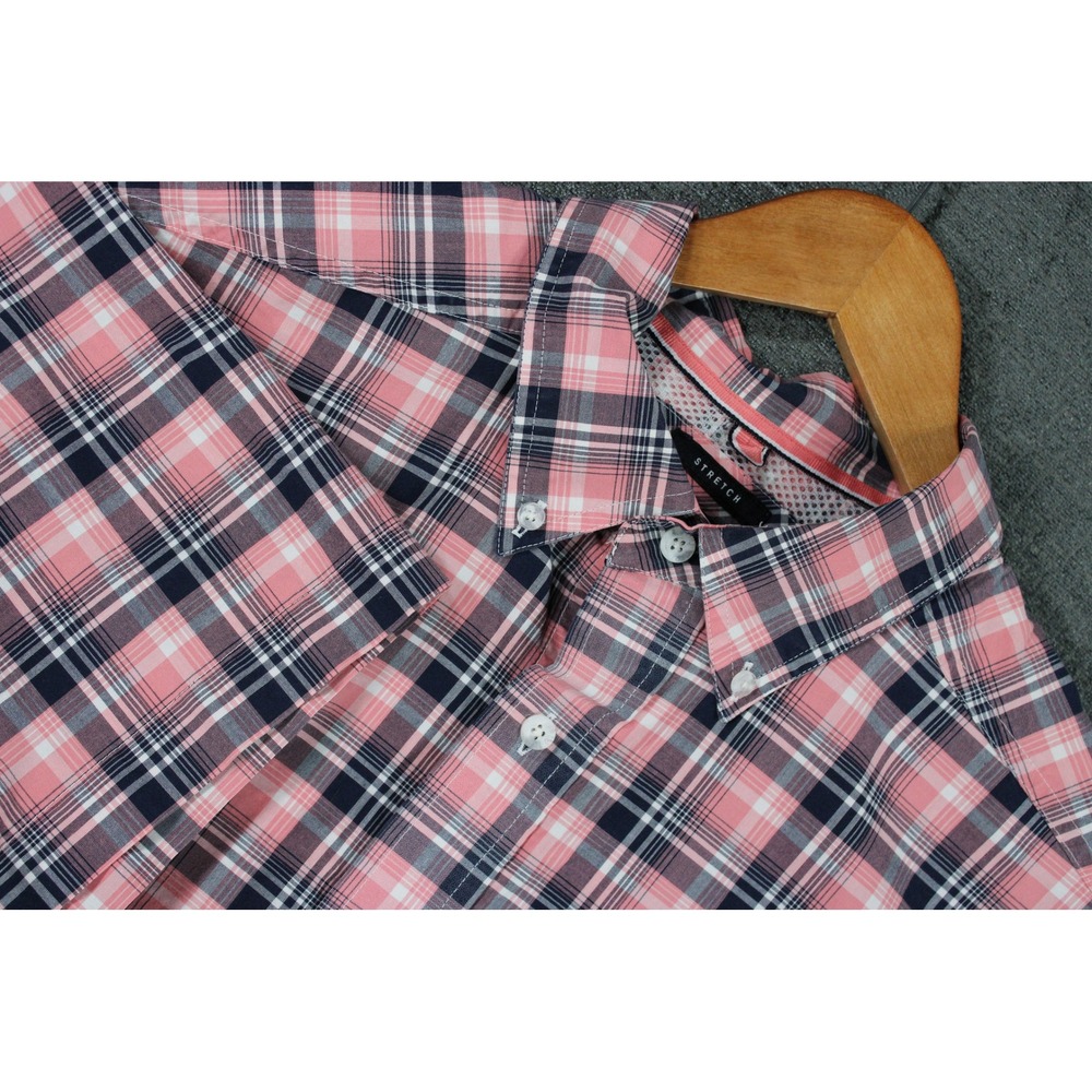 Ariat Pro Series Mens XL Pink Navy Plaid Stretch Short Sleeve Button Down Shirt